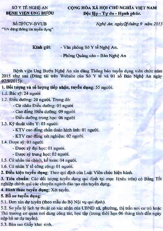 Bệnh viện Ung Bướu Nghệ An thông báo tuyển dụng viên chức năm 2015