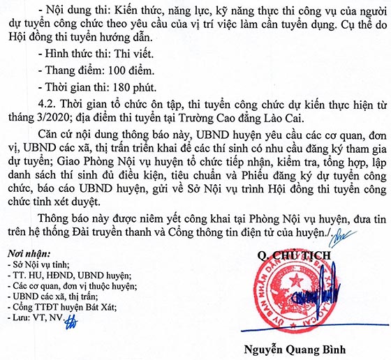 UBND huyện Bát Xát, Lào Cai tuyển dụng công chức năm 2020