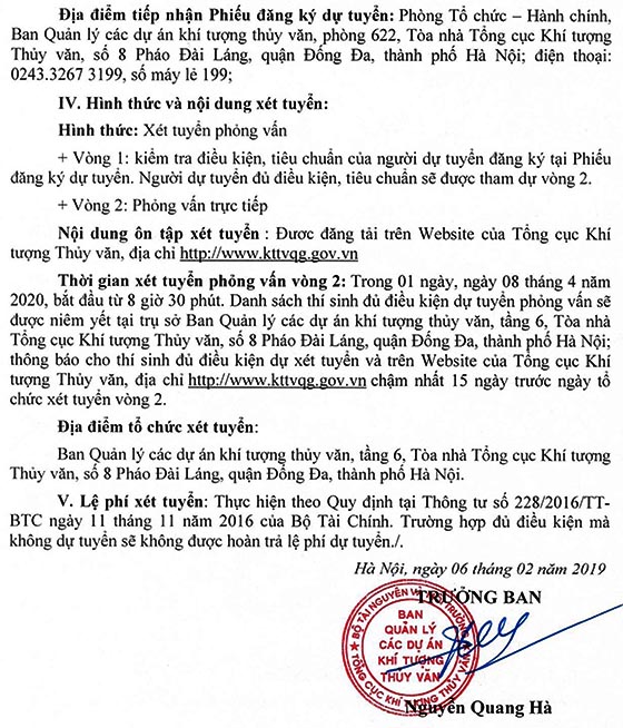 Ban Quản lý các dự án khí tượng thủy văn tuyển dụng viên chức năm 2019