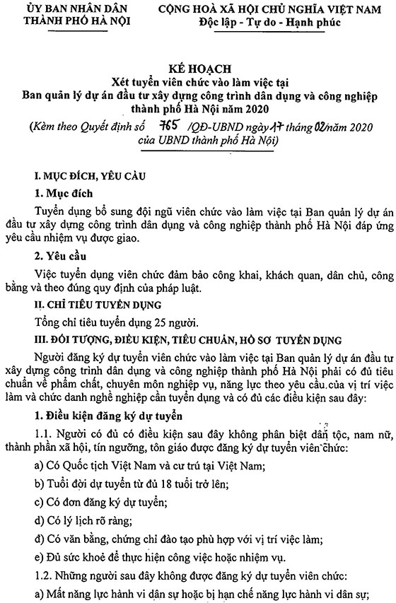 Ban quản lý dự án đầu tư xây dựng công trình dân dụng và công nghiệp TP. Hà Nội tuyển dụng viên chức năm 2020