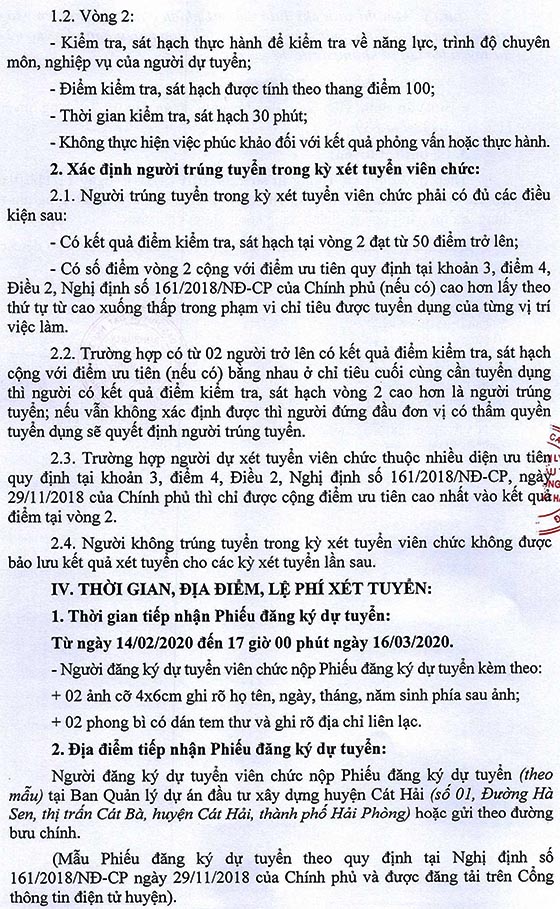 Ban Quản lý Dự án Đầu tư xây dựng huyện Cát Hải, TP. Hải Phòng tuyển dụng viên chức năm 2020