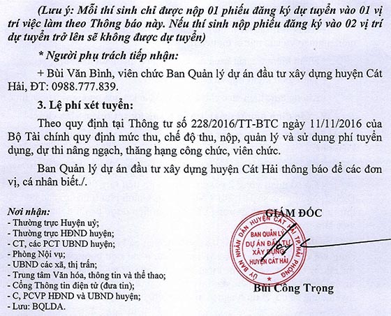 Ban Quản lý Dự án Đầu tư xây dựng huyện Cát Hải, TP. Hải Phòng tuyển dụng viên chức năm 2020