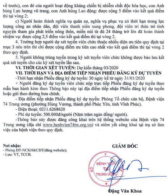 Bệnh viện 74 Trung ương tỉnh Vĩnh Phúc tuyển dụng viên chức năm 2020