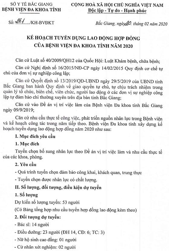 Bệnh viện Đa khoa tỉnh Bắc Giang tuyển dụng lao động hợp đồng năm 2020