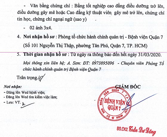 Bệnh viện Quận 7, TP. HCM tuyển dụng điều dưỡng và kỹ thuật viên gây mê năm 2020