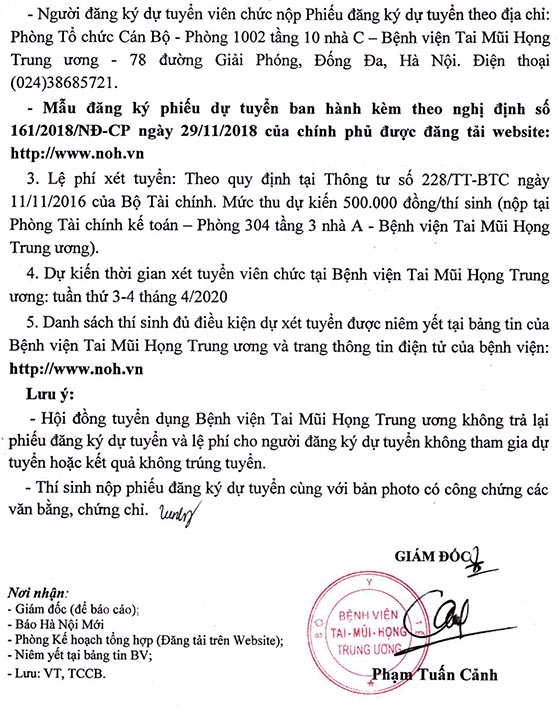 Bệnh viện Tai Mũi Họng Trung Ương tuyển dụng viên chức đợt 1 năm 2020