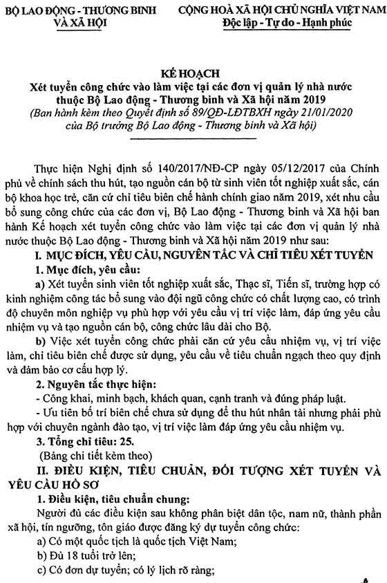 Bộ Lao động - Thương binh và Xã hội tuyển dụng công chức năm 2020