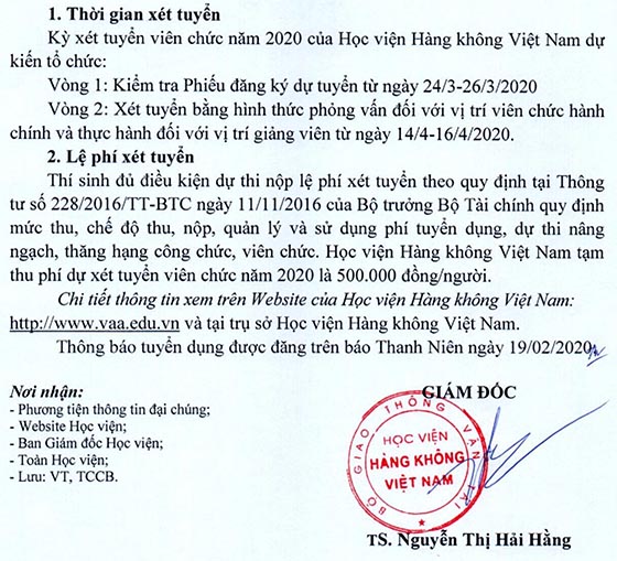 Học viện Hàng không Việt Nam, TP. HCM tuyển dụng viên chức năm 2020