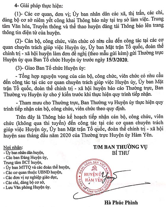 Huyện ủy Hàm Yên, Tuyên Quang tiếp nhận cán bộ, công chức, viên chức năm 2020