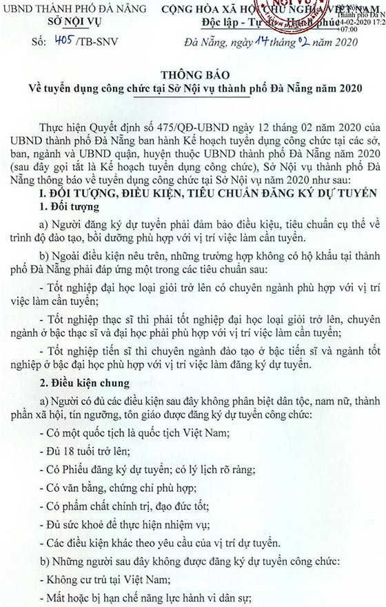 Sở Nội vụ TP. Đà Nẵng tuyển dụng công chức năm 2020