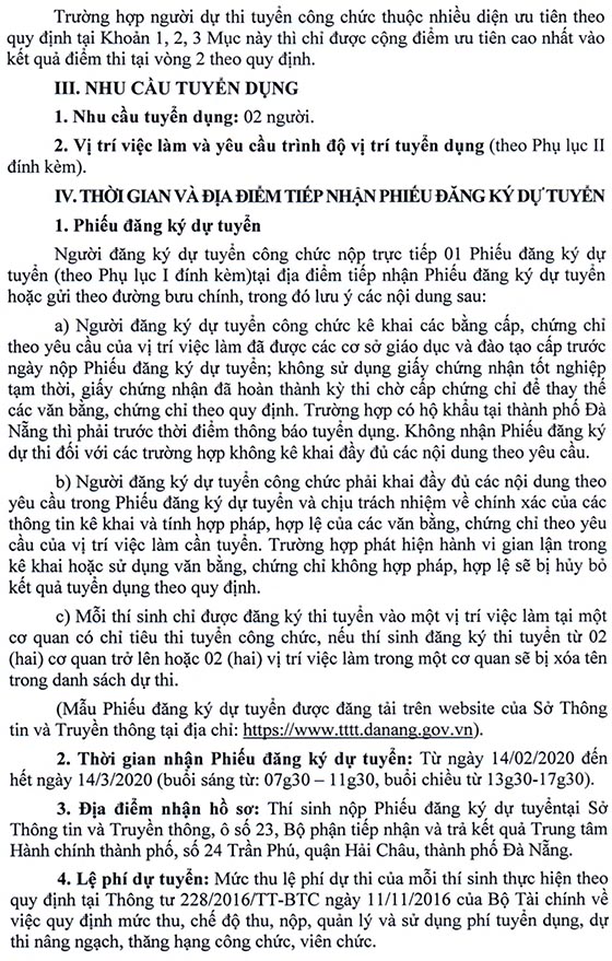Sở Thông tin và Truyền thông TP. Đà Nẵng tuyển dụng công chức năm 2020
