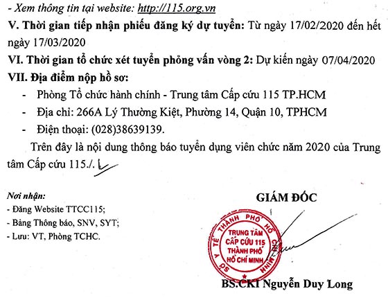 Trung tâm Cấp cứu 115 TP. HCM tuyển dụng viên chức năm 2020