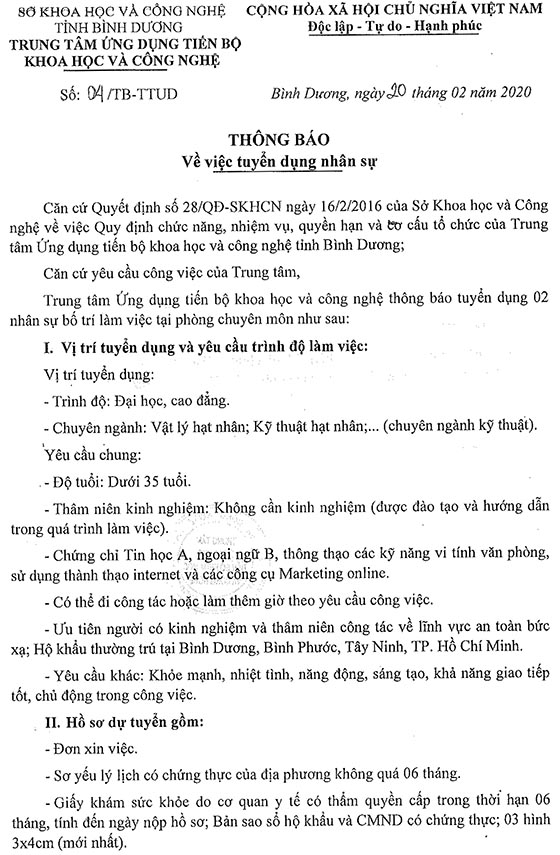 Trung tâm ứng dụng tiến bộ Khoa học và Công nghệ tỉnh Bình Dương tuyển dụng nhân sự năm 2020