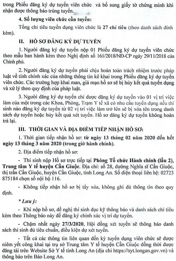 Trung tâm Y tế huyện Cần Giuộc tỉnh Long An tuyển dụng viên chức năm 2020