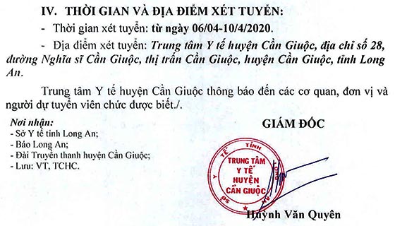 Trung tâm Y tế huyện Cần Giuộc tỉnh Long An tuyển dụng viên chức năm 2020