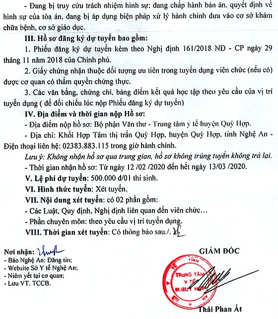 Trung tâm Y tế huyện Quỳ Hợp tỉnh Nghệ An tuyển dụng viên chức năm 2020