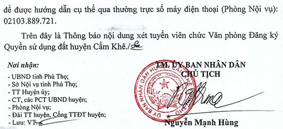 UBND huyện Cẩm Khê, Phú Thọ tuyển dụng viên chức năm 2020