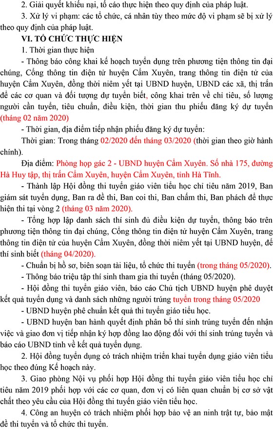 UBND huyện Cẩm Xuyên, Hà Tĩnh tuyển dụng giáo viên tiểu học năm 2020