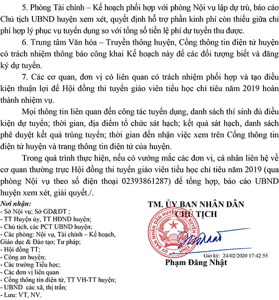UBND huyện Cẩm Xuyên, Hà Tĩnh tuyển dụng giáo viên tiểu học năm 2020