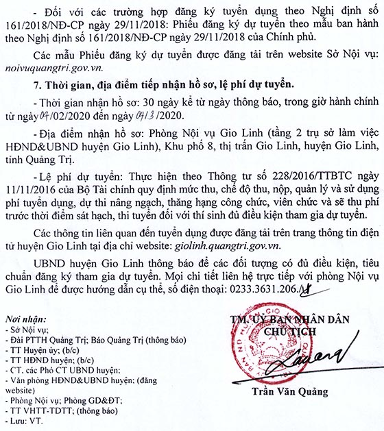 UBND huyện Gio Linh, Quảng Trị tuyển dụng giáo viên năm 2020