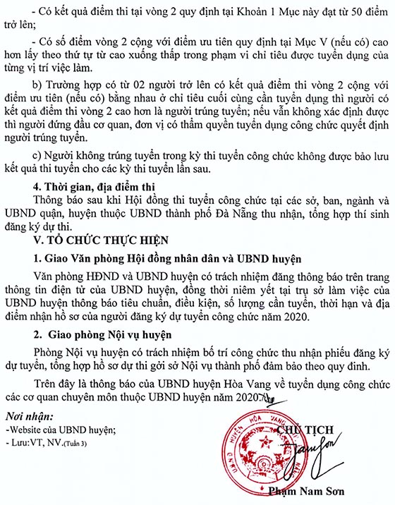 UBND huyện Hòa Vang, TP. Đà Nẵng tuyển dụng công chức 2020