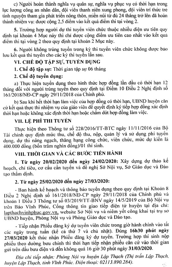 UBND huyện Lập Thạch, Vĩnh Phúc tuyển dụng giáo viên tiểu học năm 2020