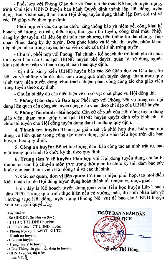 UBND huyện Lập Thạch, Vĩnh Phúc tuyển dụng giáo viên tiểu học năm 2020