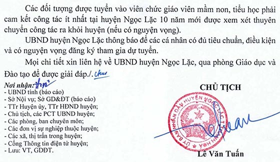 UBND huyện Ngọc Lặc, Thanh Hóa tuyển dụng giáo viên năm 2020