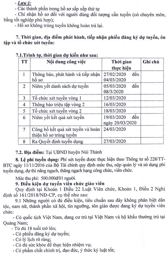 UBND huyện Núi Thành, Quảng Nam tuyển dụng giáo viên năm 2020