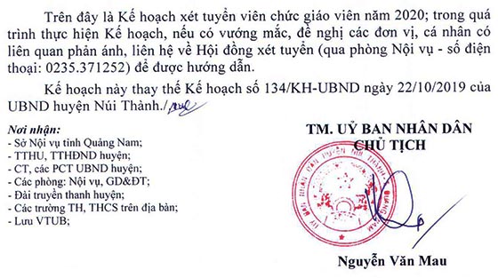 UBND huyện Núi Thành, Quảng Nam tuyển dụng giáo viên năm 2020