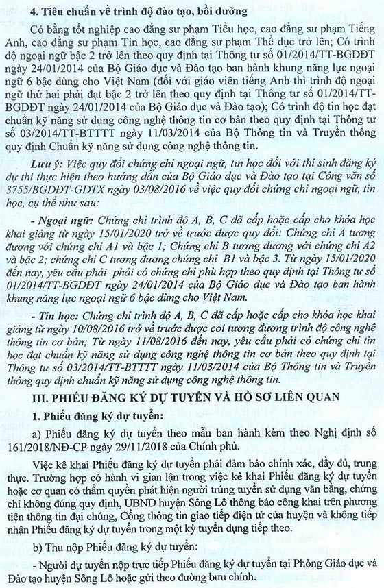 UBND huyện Sông Lô, Vĩnh Phúc tuyển dụng giáo viên năm 2020