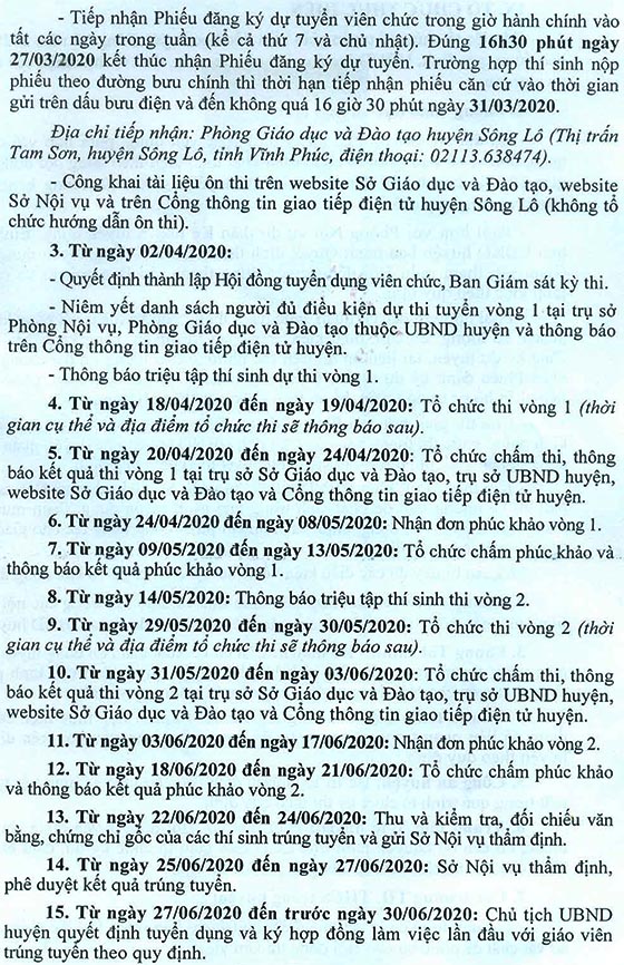 UBND huyện Sông Lô, Vĩnh Phúc tuyển dụng giáo viên năm 2020