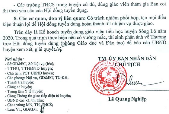 UBND huyện Sông Lô, Vĩnh Phúc tuyển dụng giáo viên năm 2020