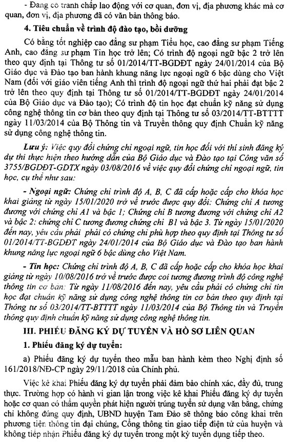 UBND huyện Tam Đảo, Vĩnh Phúc tuyển dụng giáo viên năm 2020