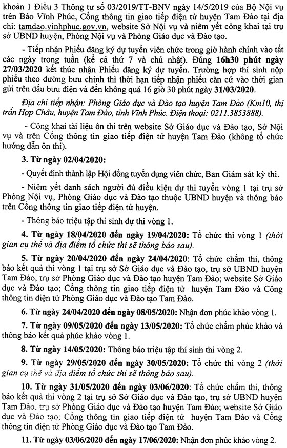 UBND huyện Tam Đảo, Vĩnh Phúc tuyển dụng giáo viên năm 2020