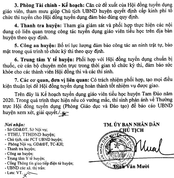 UBND huyện Tam Đảo, Vĩnh Phúc tuyển dụng giáo viên năm 2020