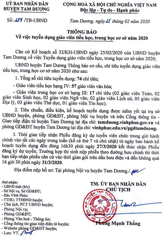 UBND huyện Tam Dương, Vĩnh Phúc tuyển dụng giáo viên năm 2020