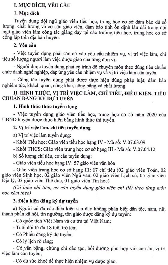 UBND huyện Tam Dương, Vĩnh Phúc tuyển dụng giáo viên năm 2020