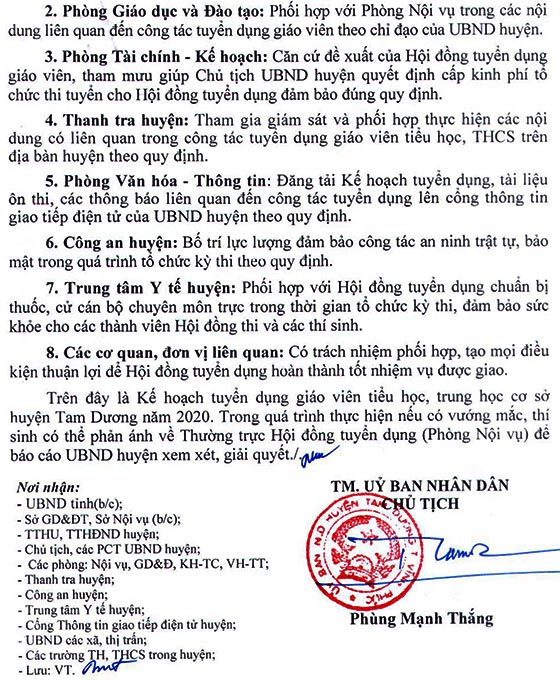 UBND huyện Tam Dương, Vĩnh Phúc tuyển dụng giáo viên năm 2020