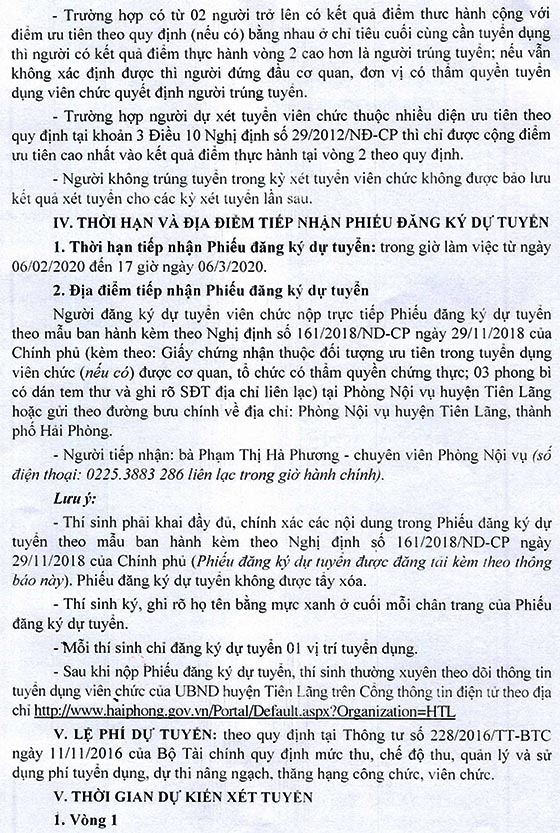 UBND huyện Tiên Lãng, Hải Phòng tuyển dụng viên chức năm 2020