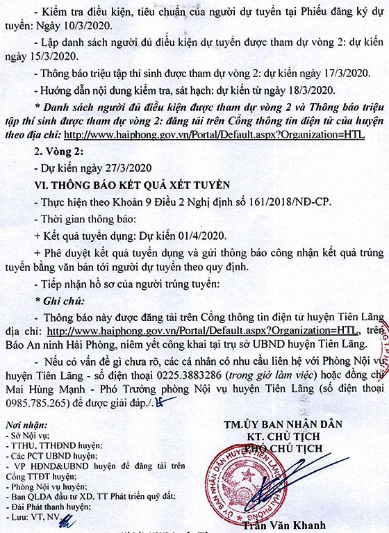 UBND huyện Tiên Lãng, Hải Phòng tuyển dụng viên chức năm 2020