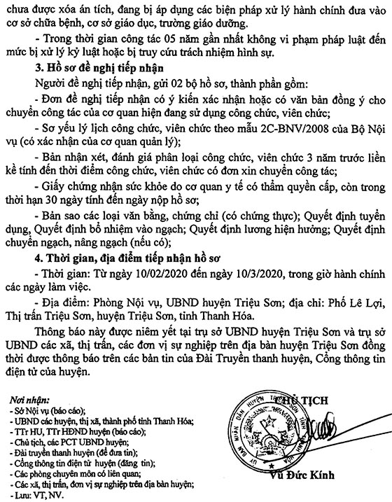 UBND huyện Triệu Sơn, Thanh Hóa tiếp nhận công chức năm 2020