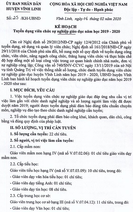 UBND huyện Vĩnh Linh, Quảng Trị tuyển dụng giáo viên năm học 2019-2020