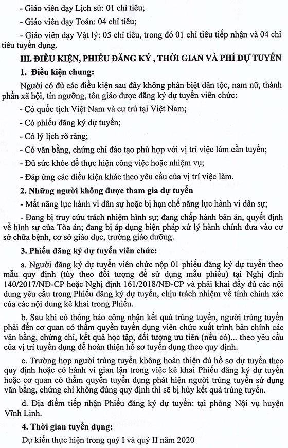 UBND huyện Vĩnh Linh, Quảng Trị tuyển dụng giáo viên năm học 2019-2020
