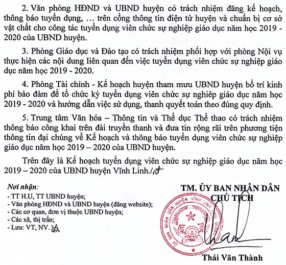 UBND huyện Vĩnh Linh, Quảng Trị tuyển dụng giáo viên năm học 2019-2020