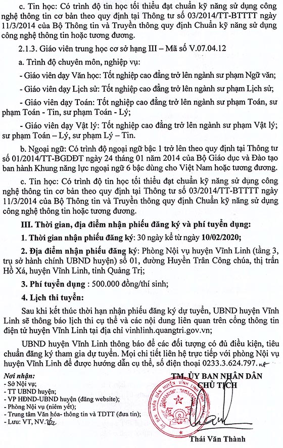 UBND huyện Vĩnh Linh, Quảng Trị tuyển dụng giáo viên năm học 2019-2020