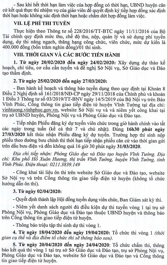 UBND huyện Vĩnh Tường, Vĩnh Phúc tuyển dụng giáo viên năm 2020