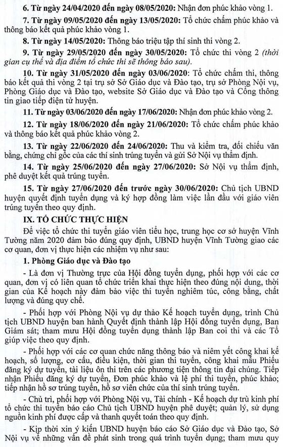 UBND huyện Vĩnh Tường, Vĩnh Phúc tuyển dụng giáo viên năm 2020