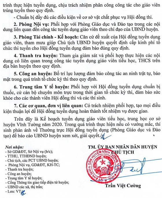 UBND huyện Vĩnh Tường, Vĩnh Phúc tuyển dụng giáo viên năm 2020