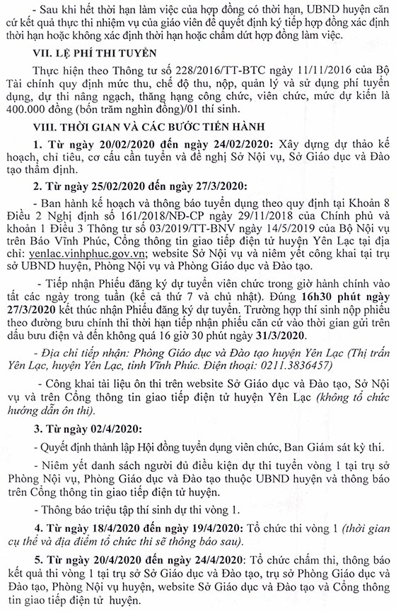 UBND huyện Yên Lạc, Vĩnh Phúc tuyển dụng giáo viên năm 2020